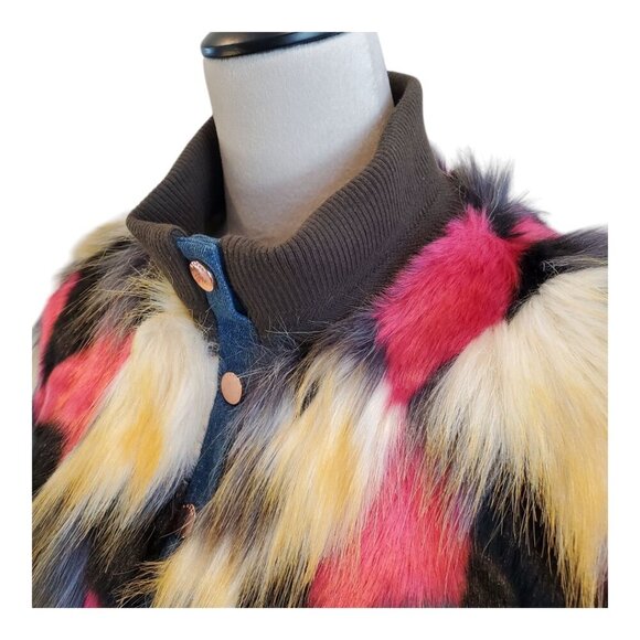 GUESS LA SZ S Women's Multi-color Faux-Fur & Denim Zip Front Bomber Jacket - Picture 7 of 12